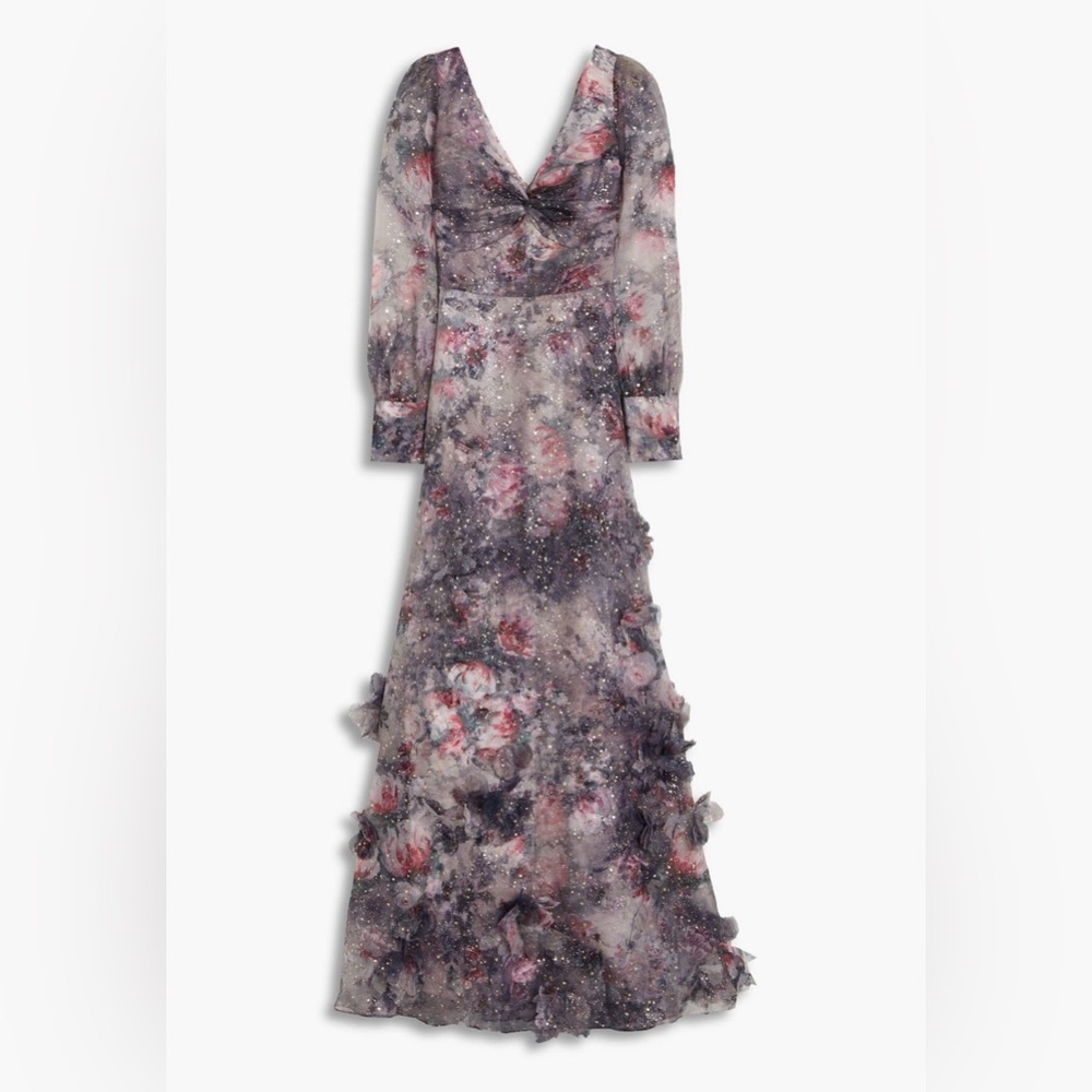 Marchesa Notte NEW Blouson Sleeve Foiled Floral Appliquéd 3D Organza Gown Sz 10 - Picture 3 of 16
